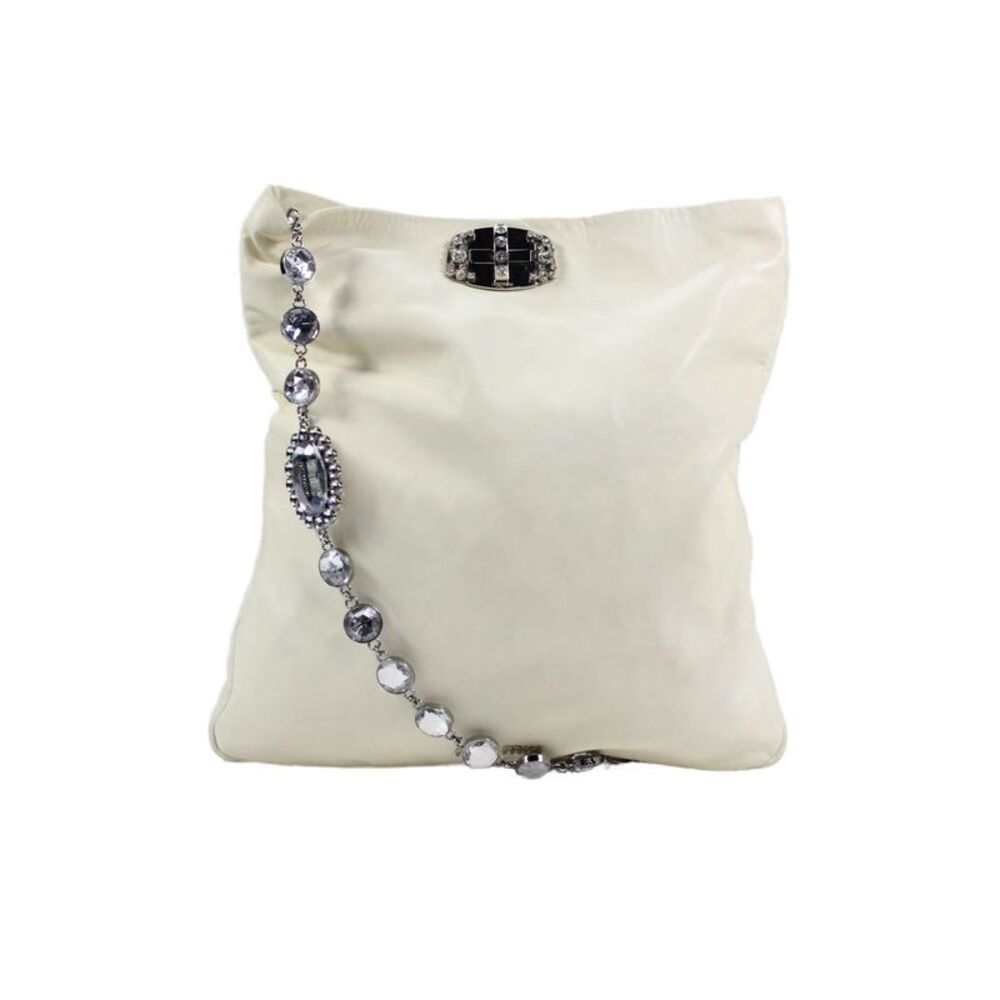 Miu Miu Womens Leather Jeweled Turn Lock Flap Shoulder Handbag White